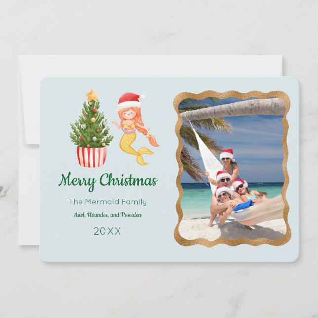 Convite Mermaid Merry Christmas Photo Greeting Card (Frente)