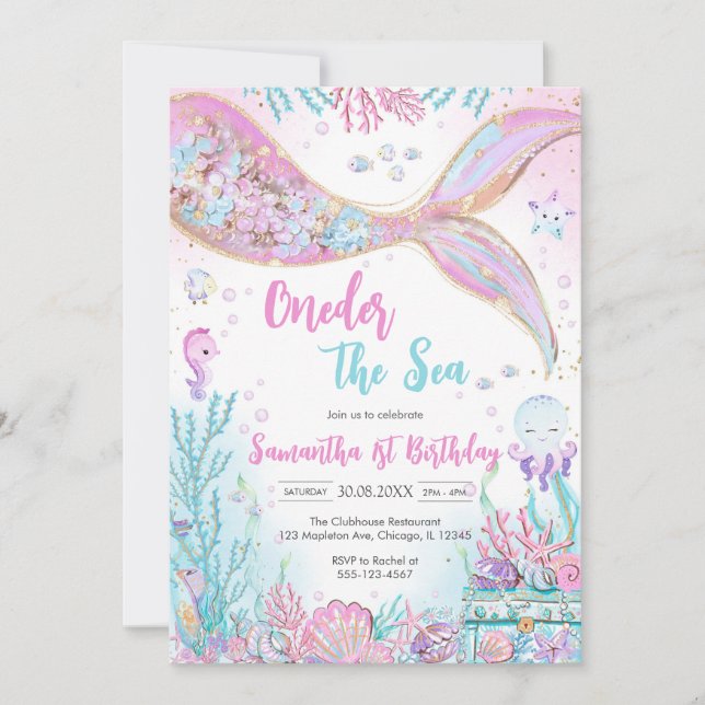 Convite Mermaid Oneder the Sea 1st Birthday (Frente)