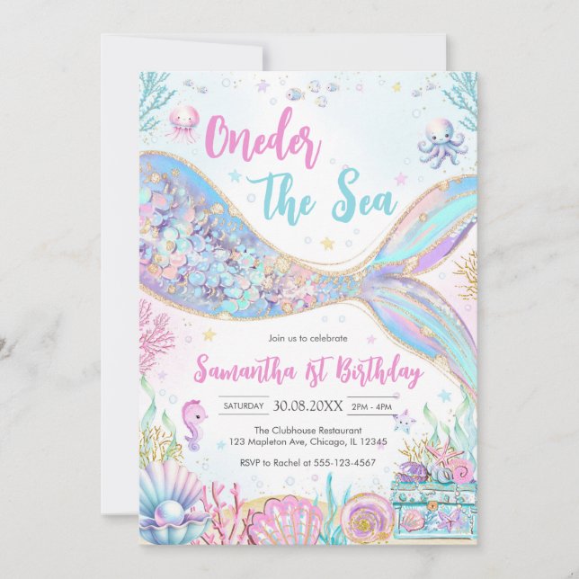 Convite Mermaid Oneder the Sea 1st Birthday (Frente)