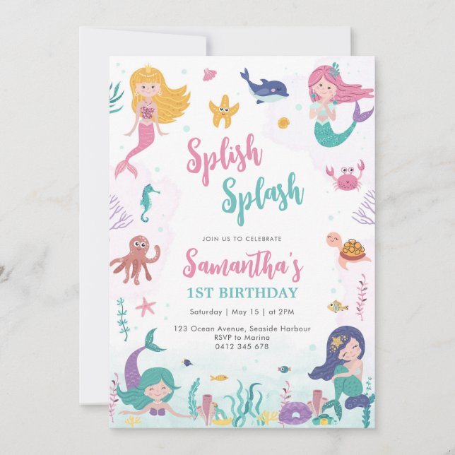 Convite Mermaid Oneder The Sea 1st Birthday Invitation (Frente)