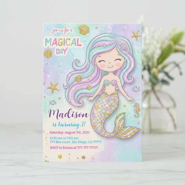 Convite Mermaid Pink Purple Birthday (Em pé/Frente)