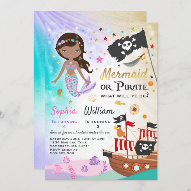 Convite Mermaid Pirate Birthday - Festa de Convocação para (Frente/Verso)