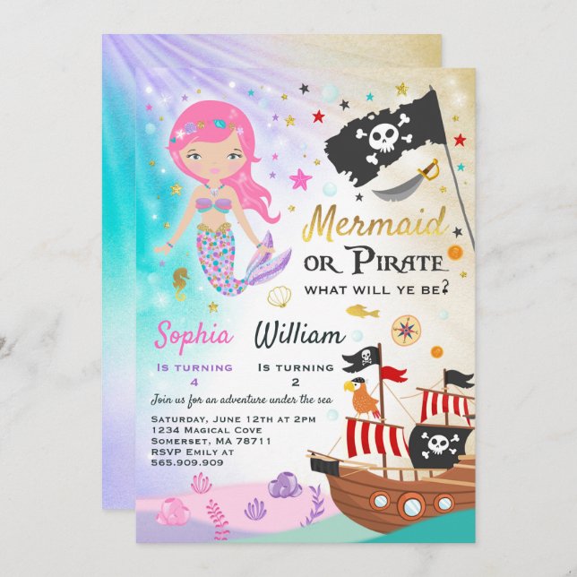 Convite Mermaid Pirate Birthday - Festa de Convocação para (Frente/Verso)