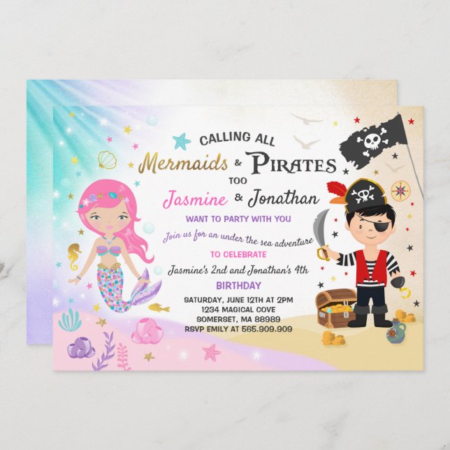 Convite Mermaid Pirate Birthday - Festa de Convocação para (Frente/Verso)