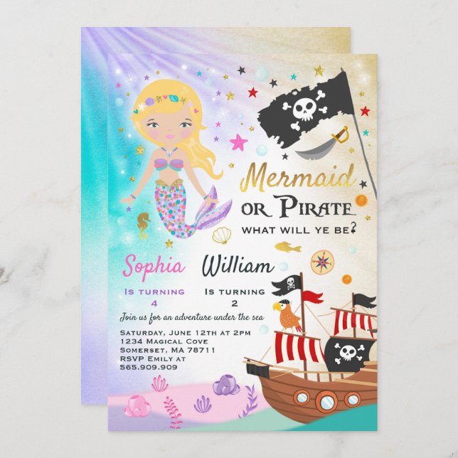 Convite Mermaid Pirate Birthday - Festa de Convocação para (Frente/Verso)
