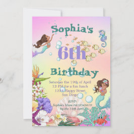 Convite Mermaid Rainbow Dark Hair Sob O Aniversário Do Mar