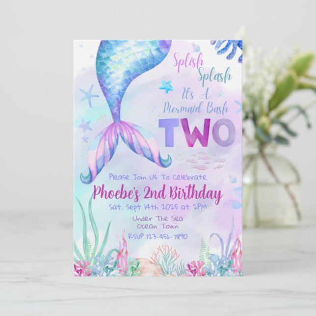 Convite Mermaid Second Two Birthday Party Invitation (Em pé/Frente)