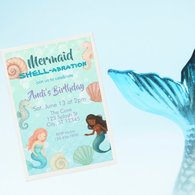 Convite Mermaid SHELL-abration, Watercolor Birthday (Criador carregado)