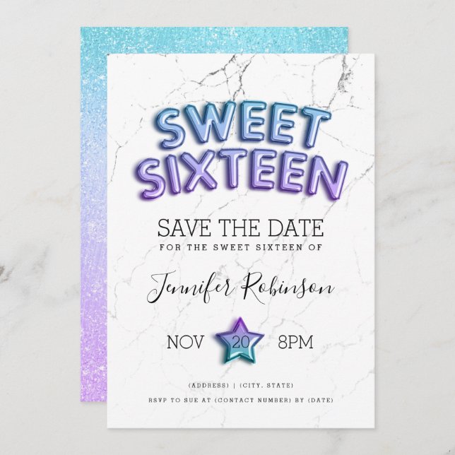 Convite Mermaid Sweet 16 Salve A Glitter Dos Balões De Dat (Frente/Verso)