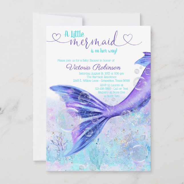 Convite Mermaid Tail Baby Purple Tea Blue Chá de fraldas (Frente)