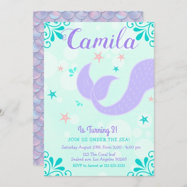 Convite Mermaid Tail Birthday Sob O Mar De Teal Roxo (Frente/Verso)