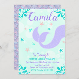 Convite Mermaid Tail Birthday Sob O Mar De Teal Roxo
