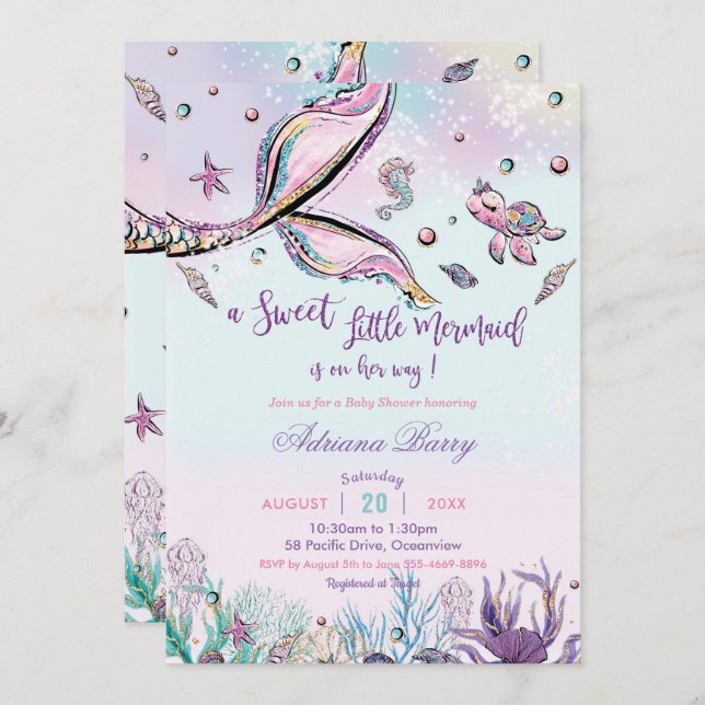 Convite Mermaid Tail Chá de fraldas embaixo da Sea Baby Gi (Frente/Verso)
