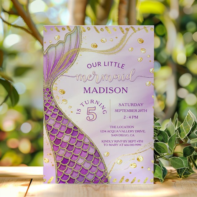 Convite Mermaid Tail Dourada Pink Purple Girl Festa de ani (Mermaid tale pink purple gold birthday party invitation)