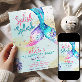 Convite Mermaid Tail Glitter 2nd Birthday Invitation