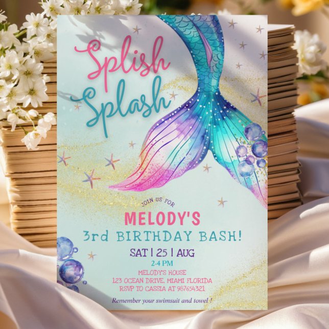 Convite Mermaid Tail Glitter 3rd Birthday Invitation (Criador carregado)