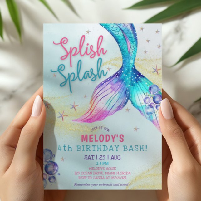 Convite Mermaid Tail Glitter 4th Birthday Invitation (Criador carregado)