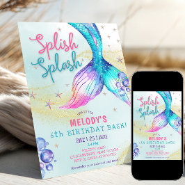 Convite Mermaid Tail Glitter 6th Birthday Invitation