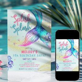 Convite Mermaid Tail Glitter 8th Birthday Invitation