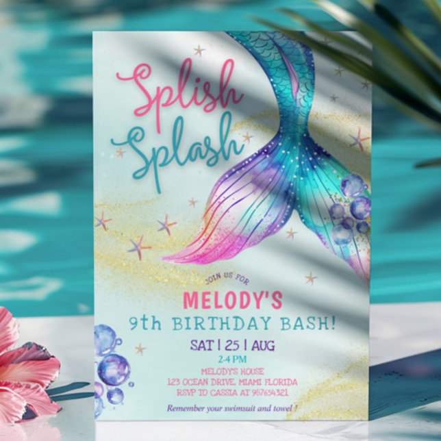 Convite Mermaid Tail Glitter 9th Birthday Invitation (Criador carregado)