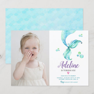 Convite Mermaid Tail Ocean Cute Watercolor Foto de Anivers