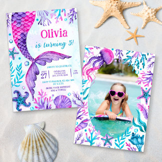 Convite Mermaid Tail Piscina Party Photo Birthday Watercol