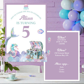 Convite Mermaid Tail Purple Girly Birthday Invitation