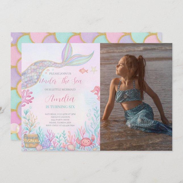 Convite Mermaid Tail Sob A Foto De Aniversário Do Mar (Frente/Verso)