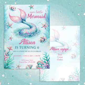 Convite Mermaid Tail Teal Pink Girly Birthday Invitation