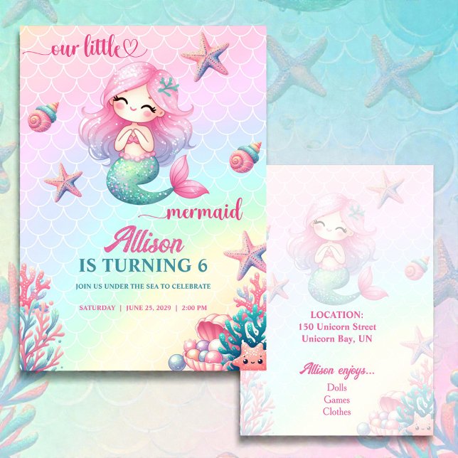 Convite Mermaid Tail Teal Pink Girly Birthday Invitation (Criador carregado)