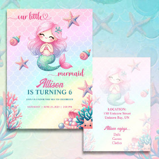 Convite Mermaid Tail Teal Pink Girly Birthday Invitation