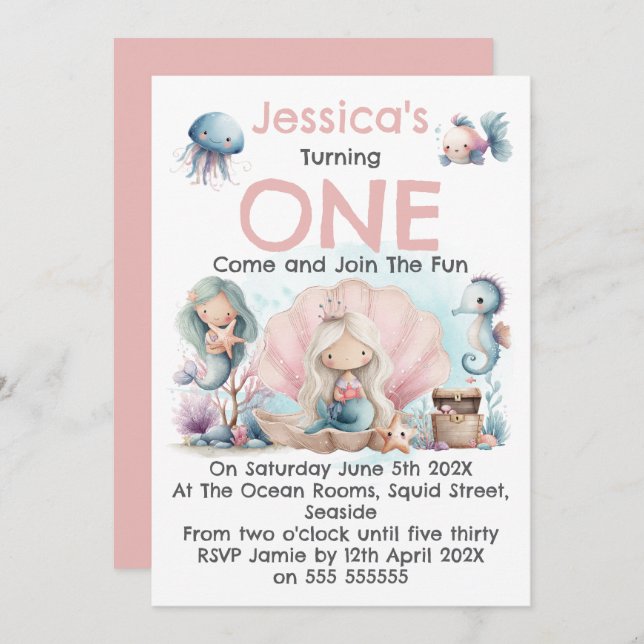 Convite Mermaid Themed 1st Birthday Invitation (Frente/Verso)