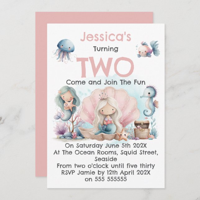 Convite Mermaid Themed 2nd Birthday Invitation (Frente/Verso)