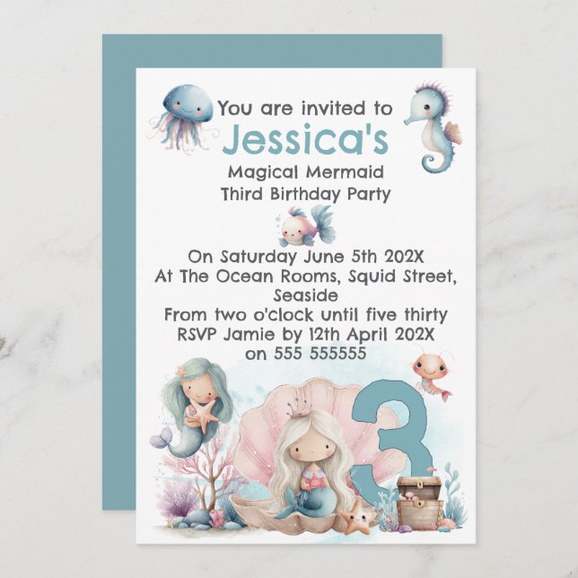 Convite Mermaid Themed 3rd  Birthday Invitation (Frente/Verso)