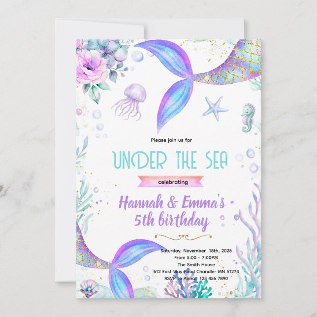 Convite Mermaid twins party invitation (Frente)