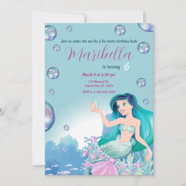 Convite Mermaid Under The Sea Birthday Party (Frente)