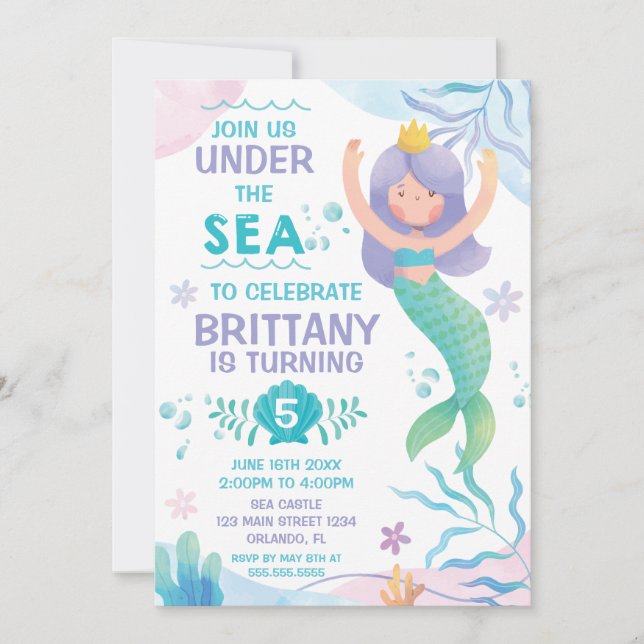Convite Mermaid Under the Sea cute birthday invitation (Frente)