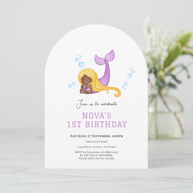 Convite Mermaid Under the sea first birthday invitation (Em pé/Frente)
