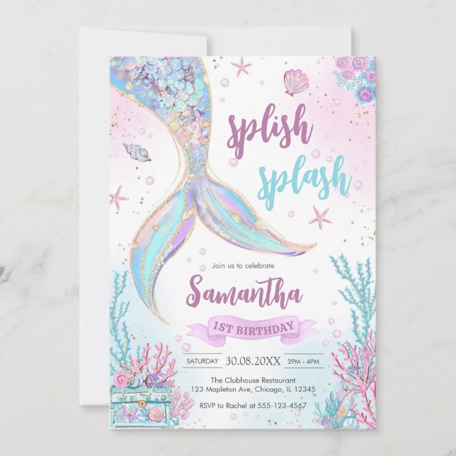 Convite Mermaid Under the Sea Splish Splash Birthday (Frente)