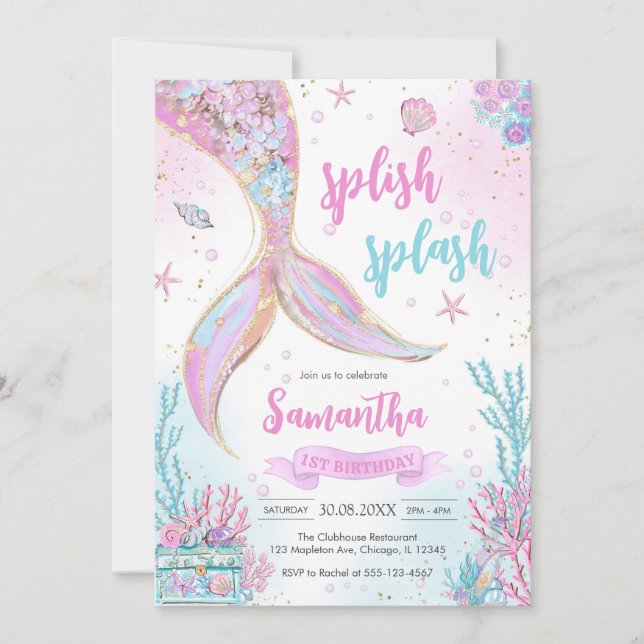 Convite Mermaid Under the Sea Splish Splash Birthday (Frente)