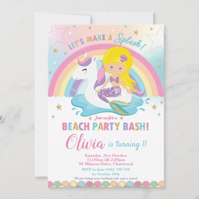 Convite Mermaid Unicorn Beach Party Birthday Blona (Frente)