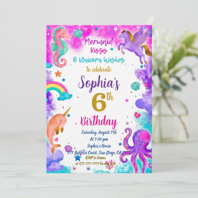 Convite Mermaid & Unicorn Birthday Invitation Magic Party (Em pé/Frente)