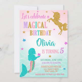 Convite Mermaid Unicorn Birthday Invitation Magical party