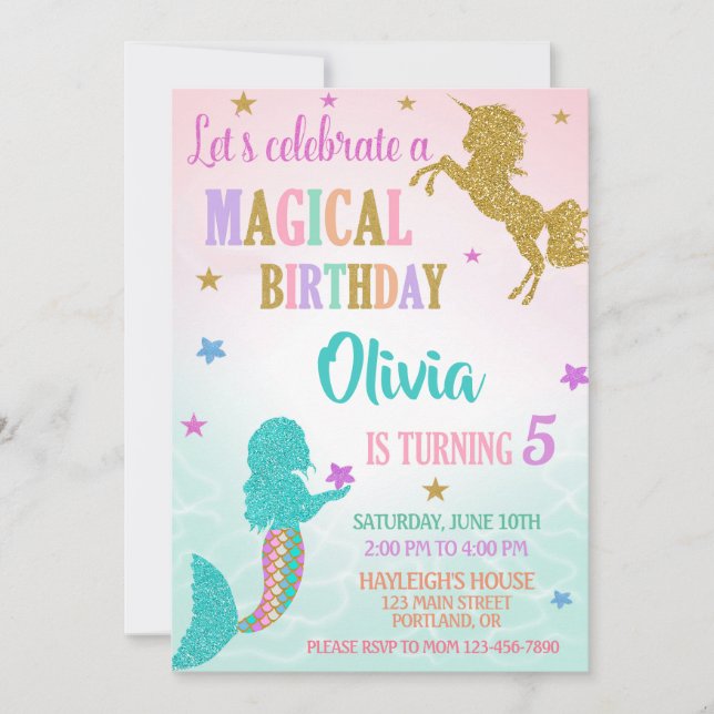 Convite Mermaid Unicorn Birthday Invitation Magical party (Frente)