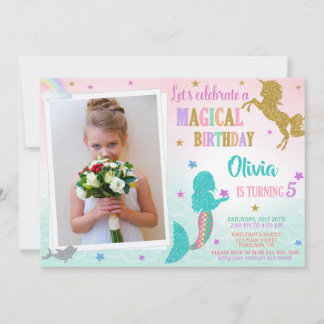 Convite Mermaid Unicorn birthday invitation with photo