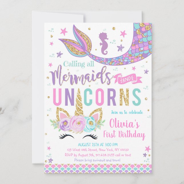 Convite Mermaid Unicorn Girl Birthday Invitation (Frente)