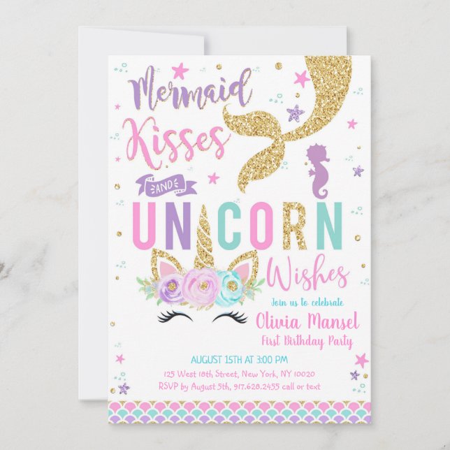 Convite Mermaid Unicorn Girl Birthday Invitation (Frente)
