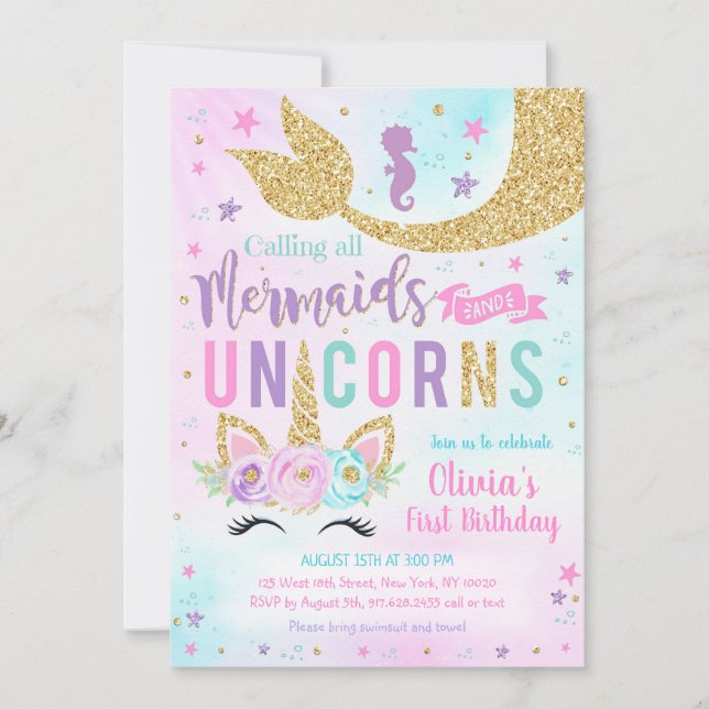 Convite Mermaid Unicorn Girl Birthday Invitation (Frente)