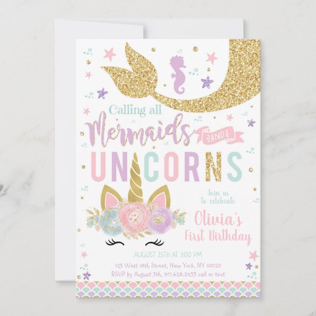 Convite Mermaid Unicorn Girl Birthday Invitation (Frente)
