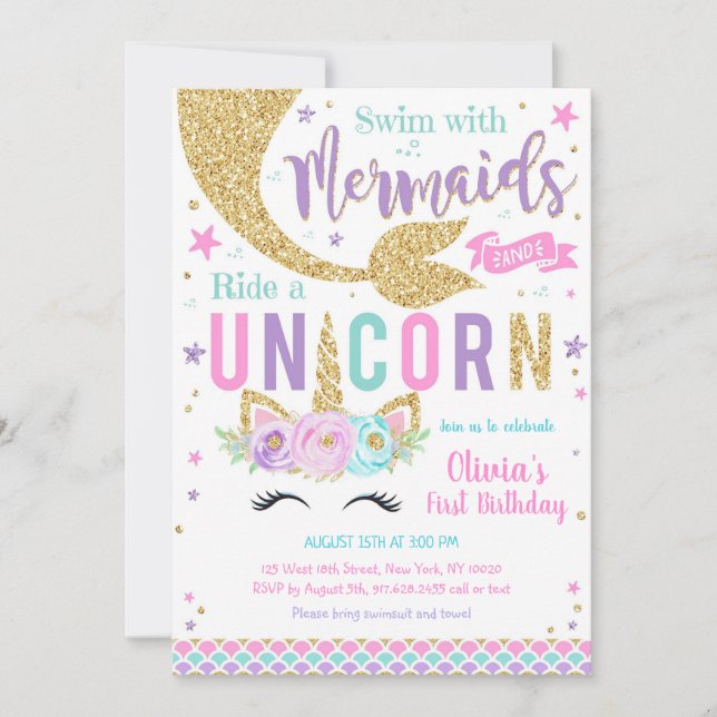 Convite Mermaid Unicorn Girl Birthday Invitation (Frente)